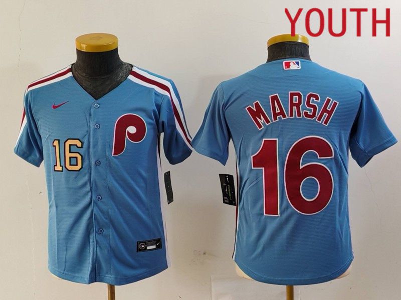 Youth Philadelphia Phillies #16 Marsh Blue Throwback 2024 Nike MLB Jersey style 2->youth mlb jersey->Youth Jersey